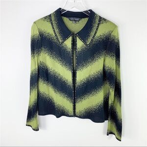 Ming Wang Open-Front Green/Black Geometric Sweater Jacket w/Brass Stud Trim Sz S